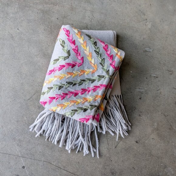 Gray Pink Yellow Embroidered Cashmere Wool Oversized Scarf Shawl - Picture 7 of 8